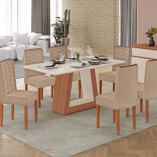Sala de Jantar Heloize 100% Mdf Tampo de Vidro 1,60 + 6 Cadeiras Acolchoadas Tuboarte