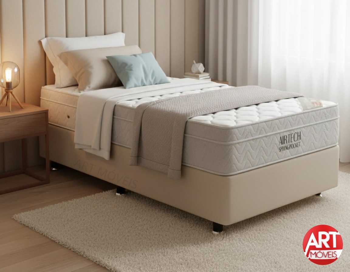 Conjunto Cama Box Solteiro Airtech Ortobom 88x188x72 Molas Ensacadas Superpocket