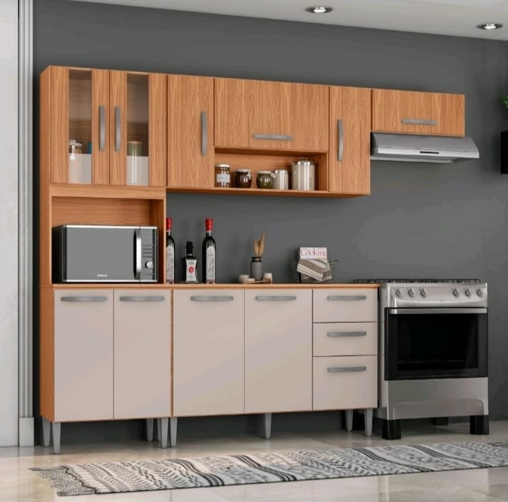 Cozinha Lavinia completa com Balcão 11 portas 2 Gavetas Cinamomo Off White - Poquema