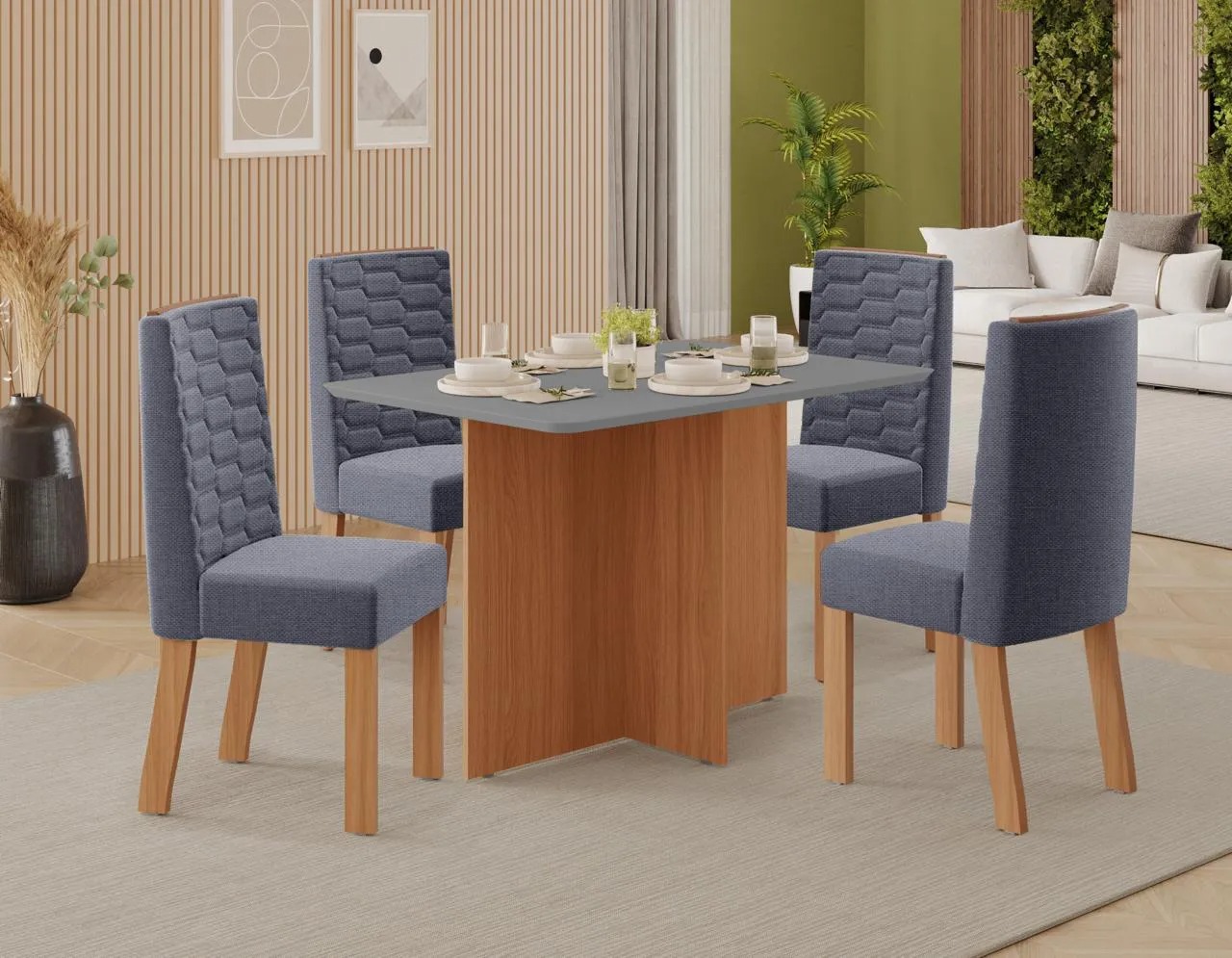 Mesa Frida 120x80 com 4 cadeiras tecido linho 100% mdf - Tuboarte
