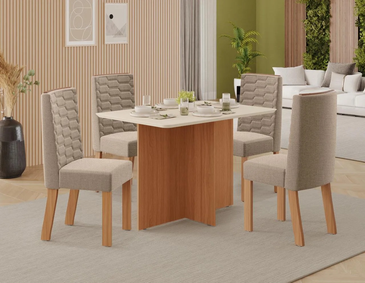 Mesa Frida 120x80 com 4 cadeiras tecido linho 100% mdf - Tuboarte