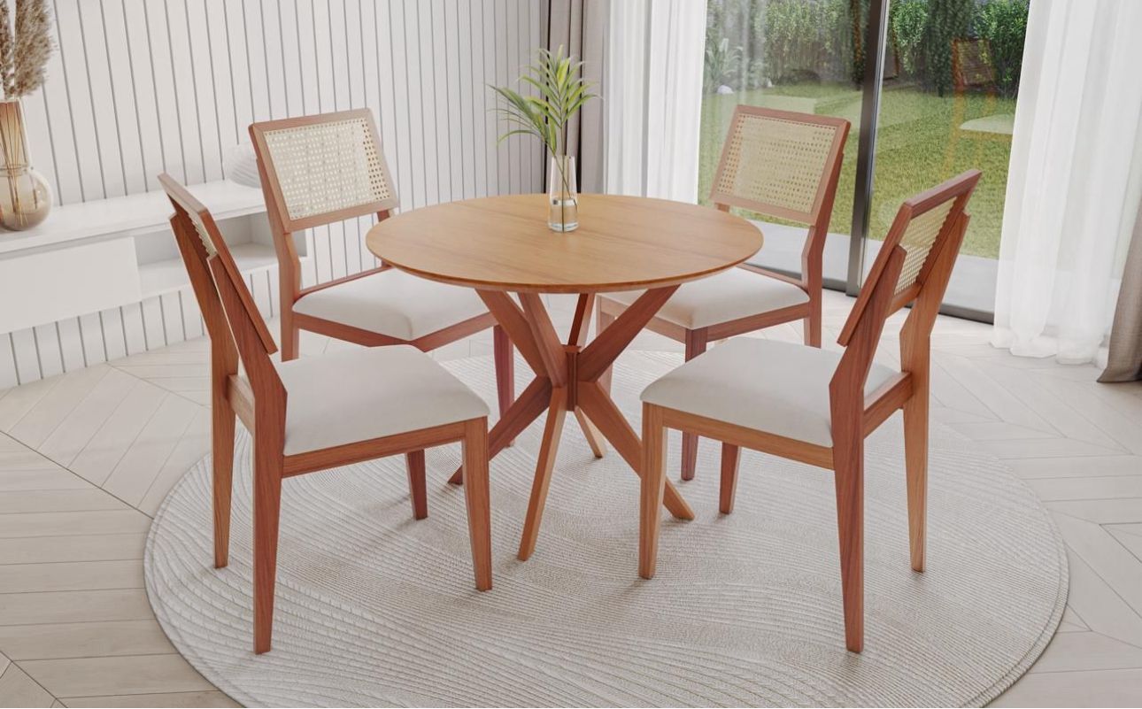 Mesa Vitoria Redonda Madeira 90x90 com 4 Cadeiras Madeira Maciça telinha Rattan